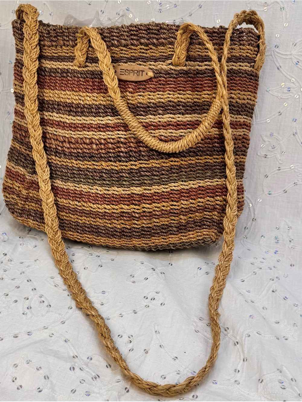 Esprit Woven Straw Tote Crossbody Bag Boho Natural Raffia Shoulder Purse